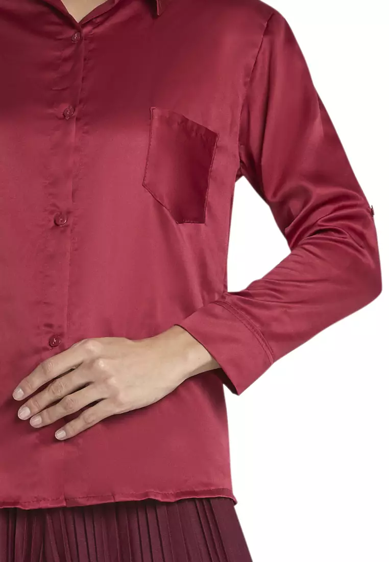 Uchenna Kemeja Lengan Panjang Shirt Plain Atasan Wanita Baju Kerja Regular Fit - Maroon
