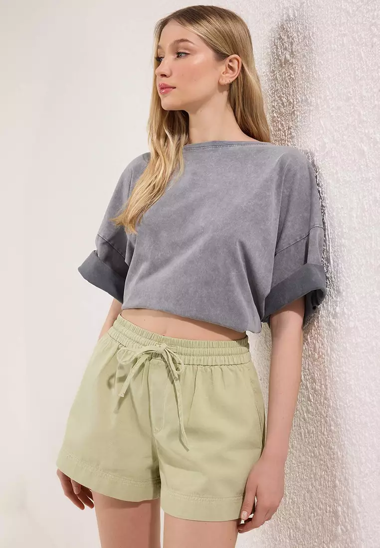 Khaki High Waist Elastic City Boy Denim Shorts Twoss25Sr00215