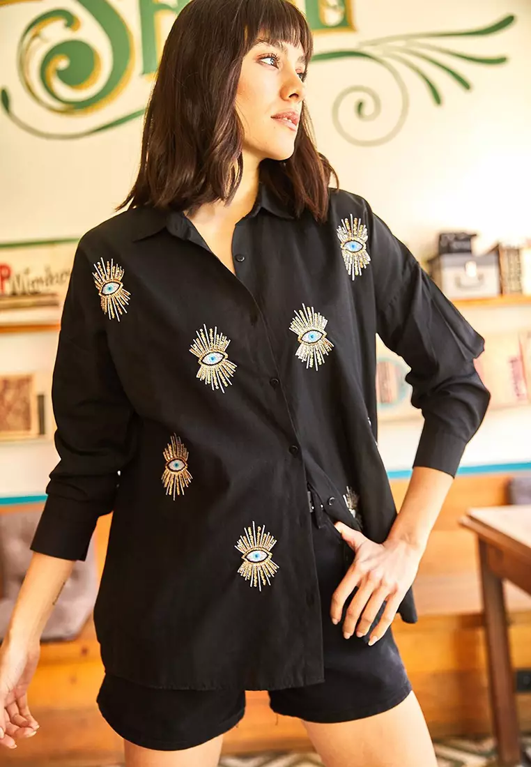 Cotton Sequin Boyfriend Shirt