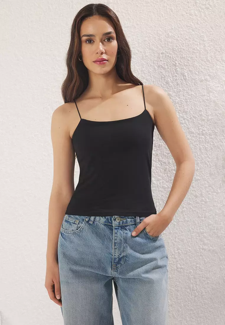 Black-Black-White 3-Pack Strappy Square Neck Flexible Knitted Undershirt TWOSS24AL00054