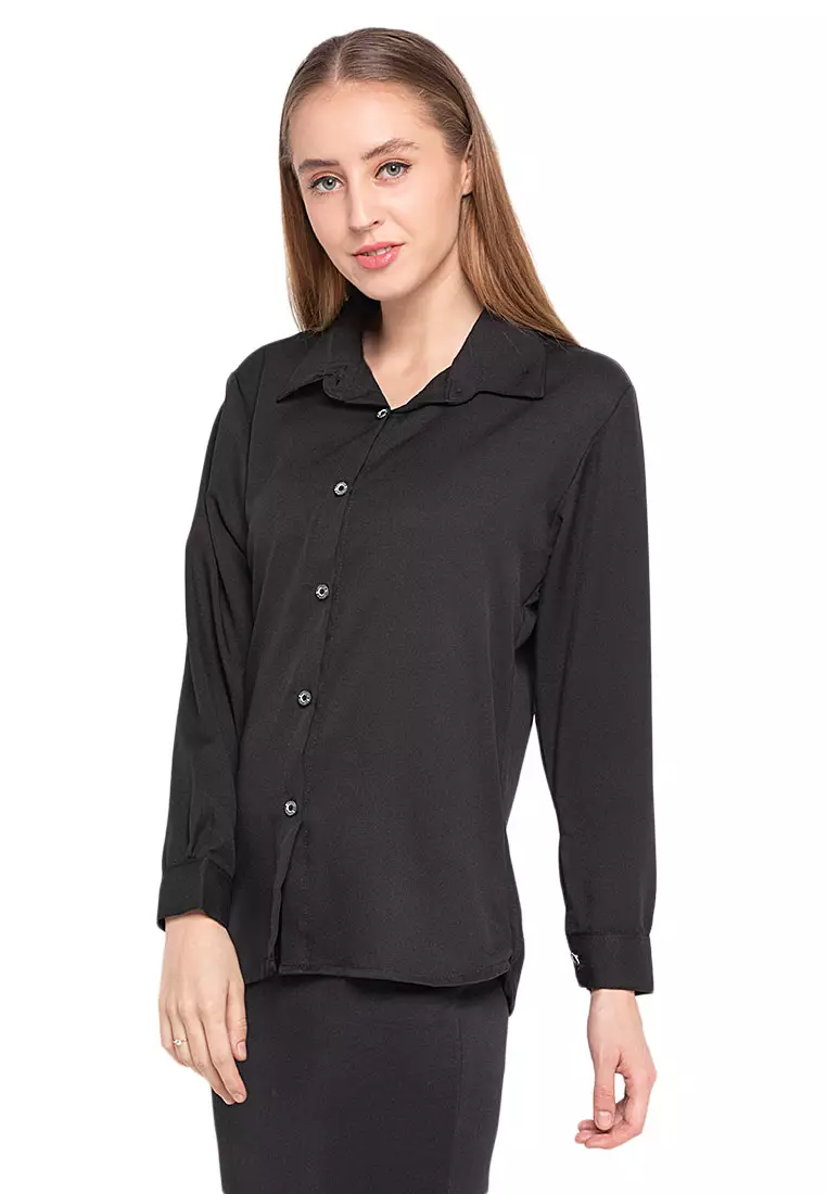 Oriel Kemeja Atasan Lengan Panjang Shirt Wanita Design Basic Polos Regular Fit - Black
