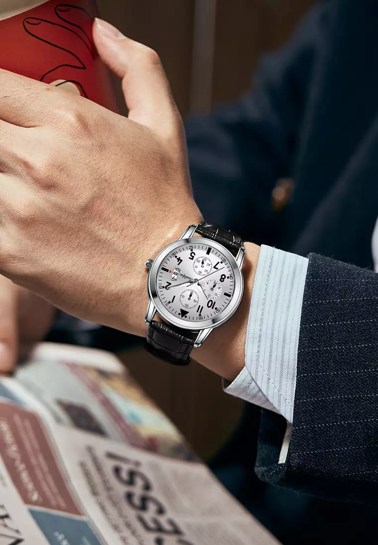 Jam Tangan Pria 7004 Original Anti Air Kuarsa Tali Kulit Jam Tangan Cowok black white