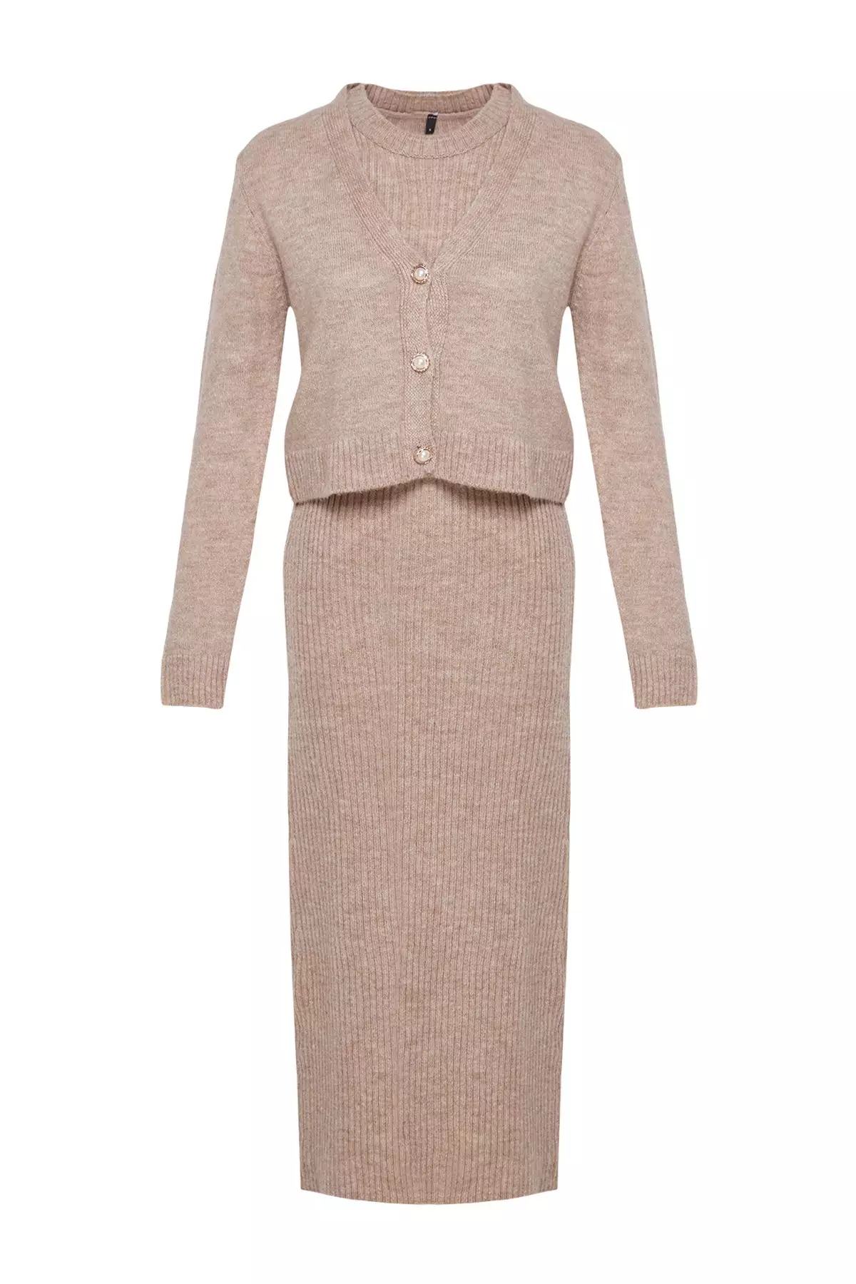 Light Brown Corded Soft Textured Knitwear Dress Cardigan Suit TCTAW25US00049