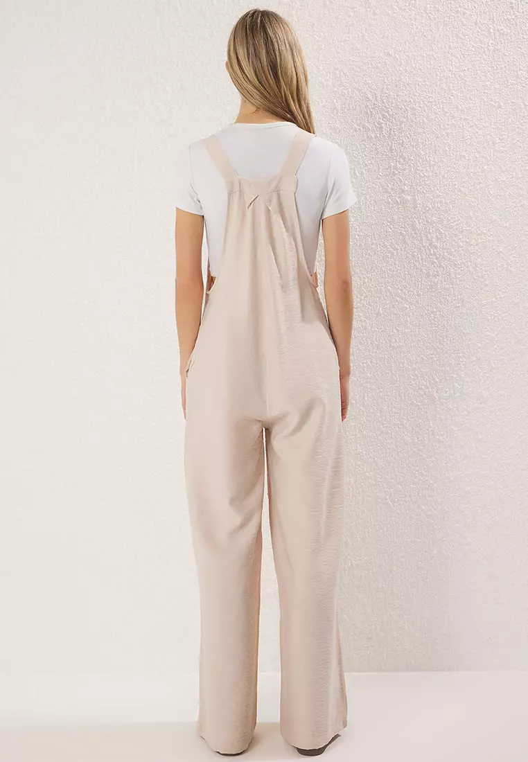 Beige Button Detail Square Collar Wide Leg Jumpsuit Twoss21Tu0090
