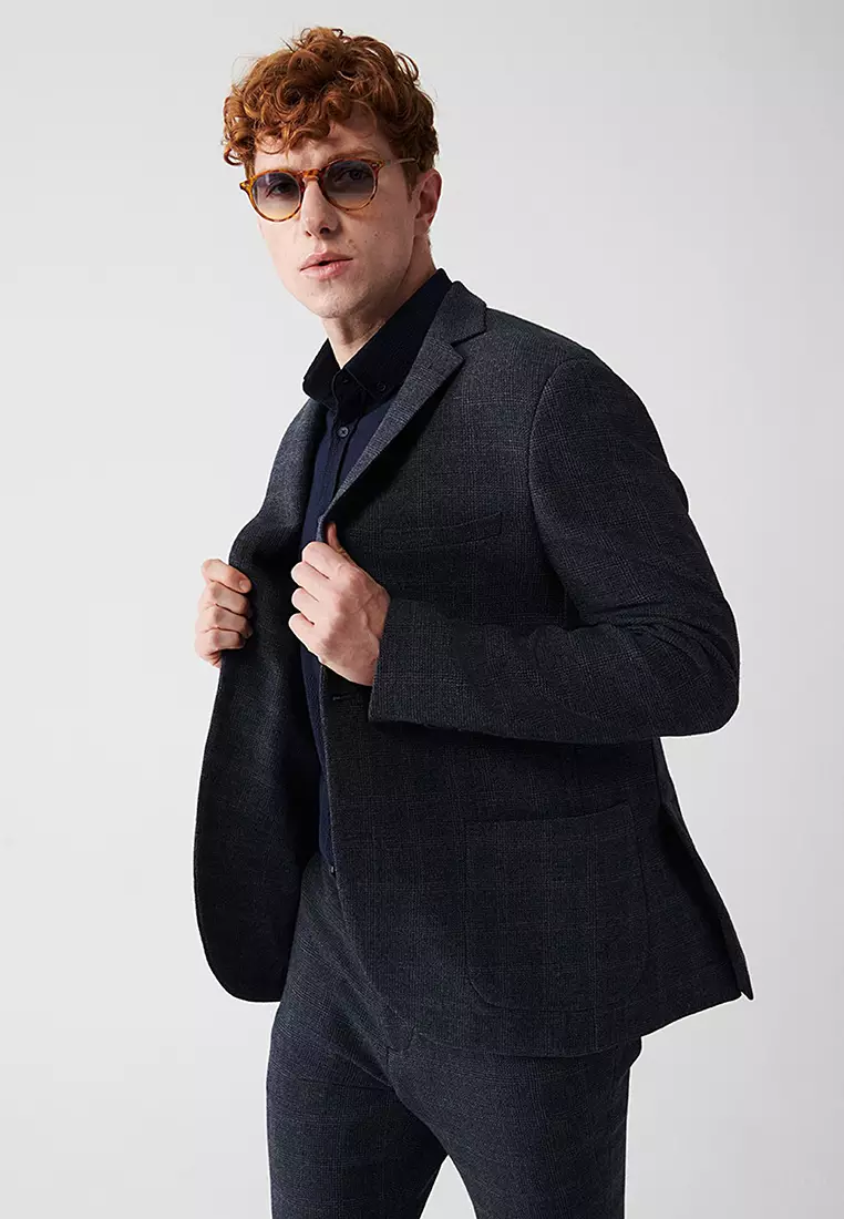 Men's Navy Blue 360 Degree Flexible Double Slit Unlined Jacket A32Y4051