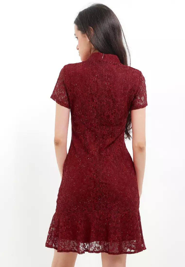 Ruffle Hem Beaded Lace Qipao Dress