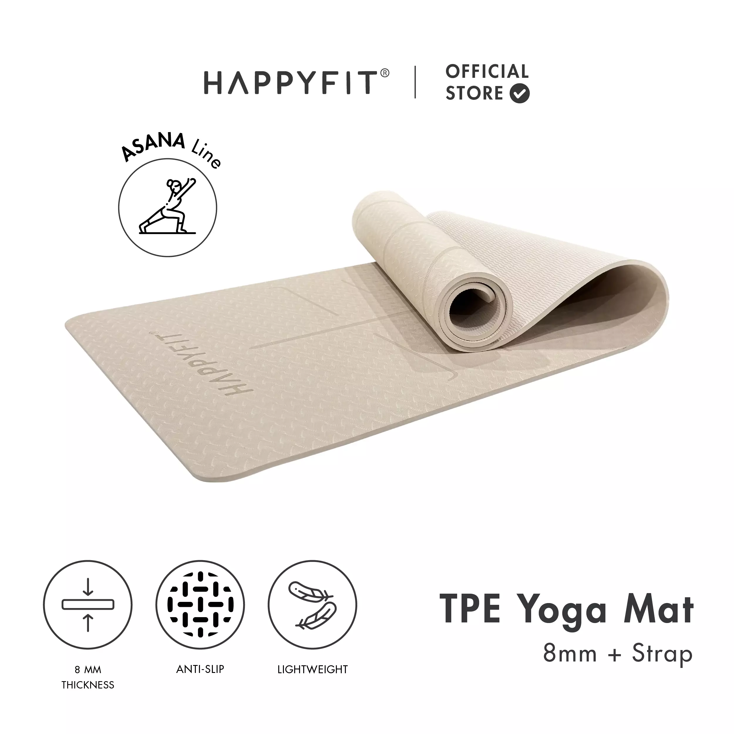 HAPPYFIT - Yoga Mat Asana TPE 8mm Eco Friendly (FREE STRAP) / Matras Yoga / Matras Olahraga / Matras TPE Beige