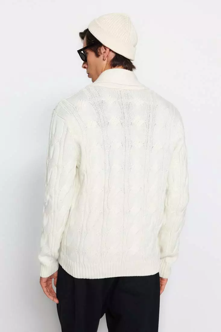 Buy Trendyol Ecru Men s Slim Fit Shawl Collar Knitwear Sweater