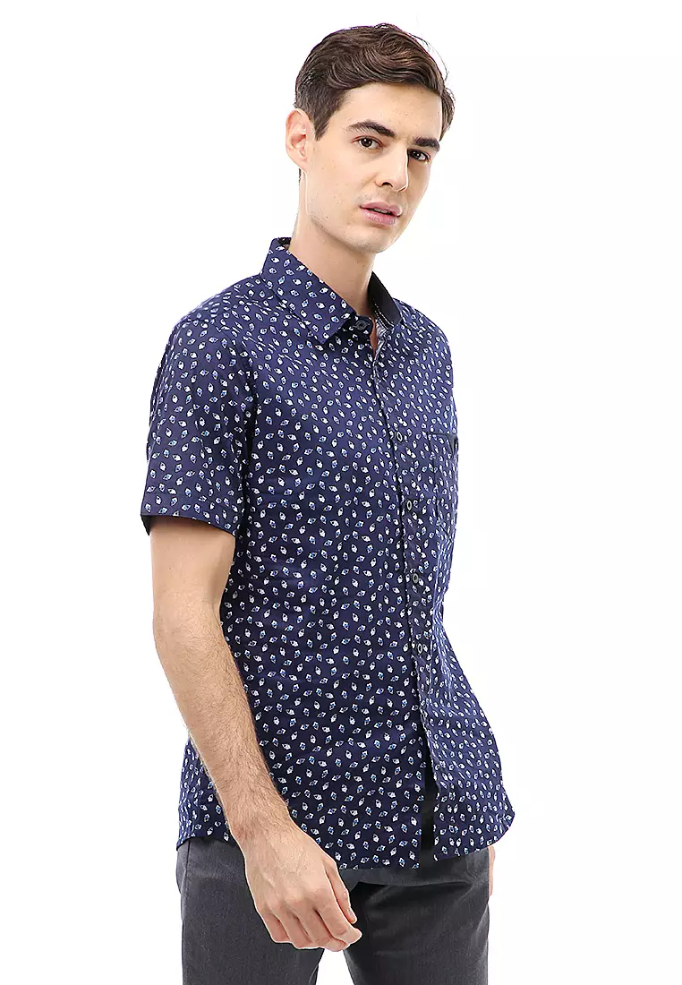 Dwan Atasan Kasual Kemeja Slim Fit Pria Lengan Pendek Simple Material Cotton ORIGINAL - Navy