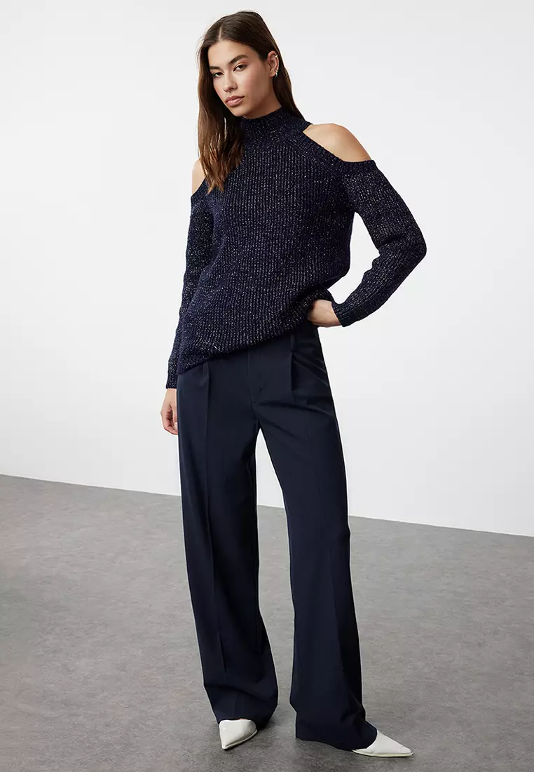 Navy Blue Glitter Cut Out Detailed Knitwear Sweater
