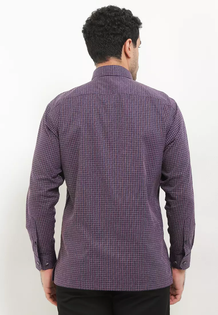 Kemeja Lengan Panjang Body Fit Pierre Cardin Checkered Rouge Terra - Red Formal Look