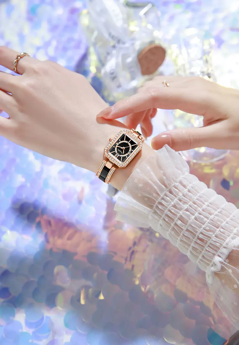 Jam Tangan Wanita Original Korea Kuasar Berlian Square Tali Stainless Steel Anti Air Jam Tangan Cewek black