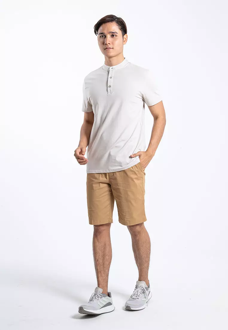 Forest Premium Weight Cotton Stretchable Mandarin Collar T Shirt Men Slim Fit Tee | 23856-16LtKhaki