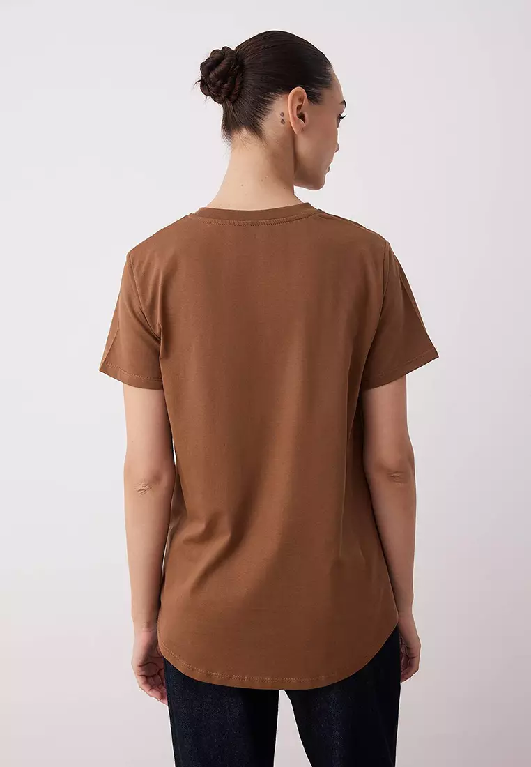 Brown Yellow Asymmetrical Front Back Detail Knitted T Shirt