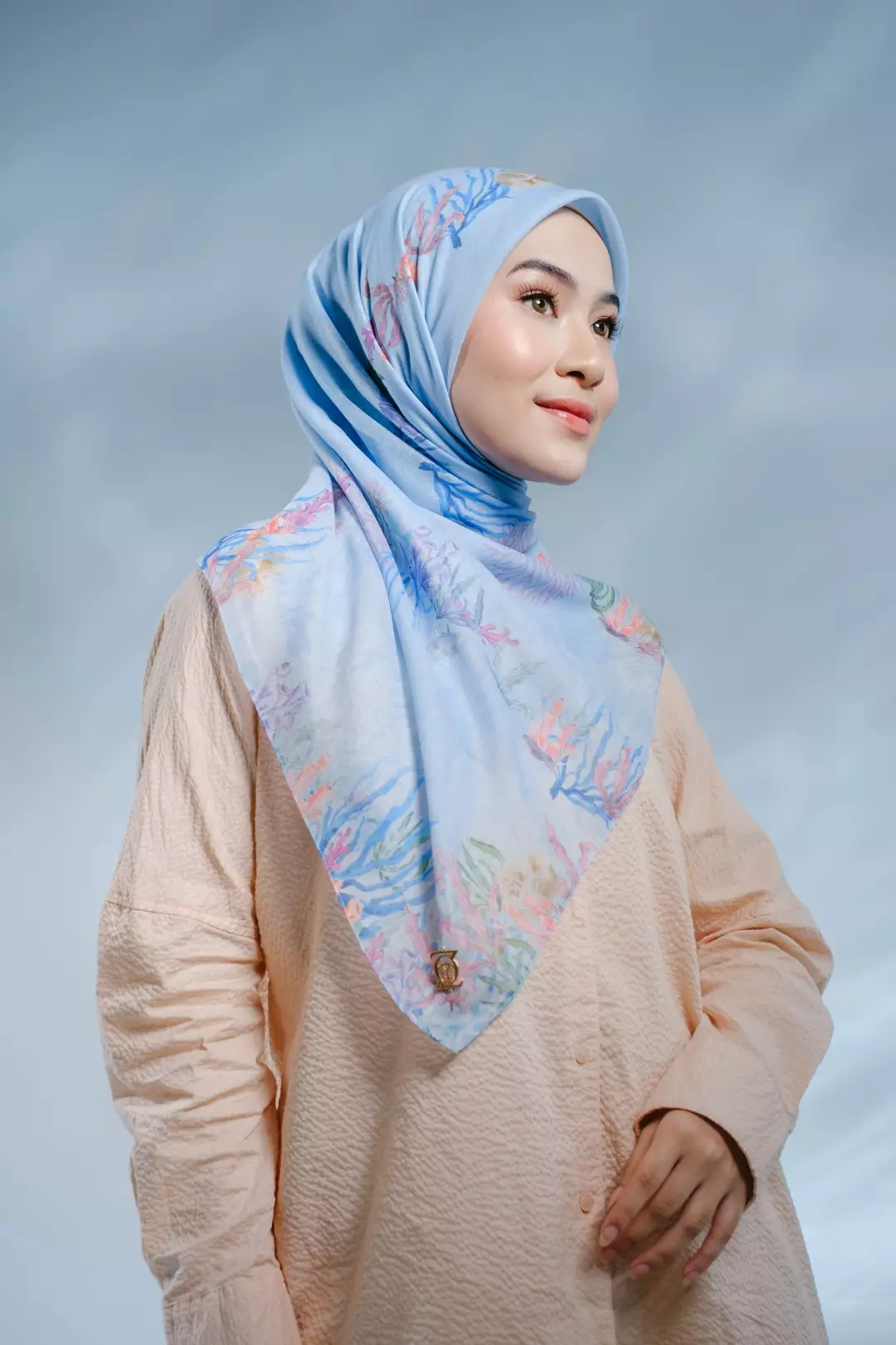 PELAGIA Scarf Powder Blue - Kerudung Hijab Segiempat Motif With BOX - Bahan Nesla - Ukuran 115x115