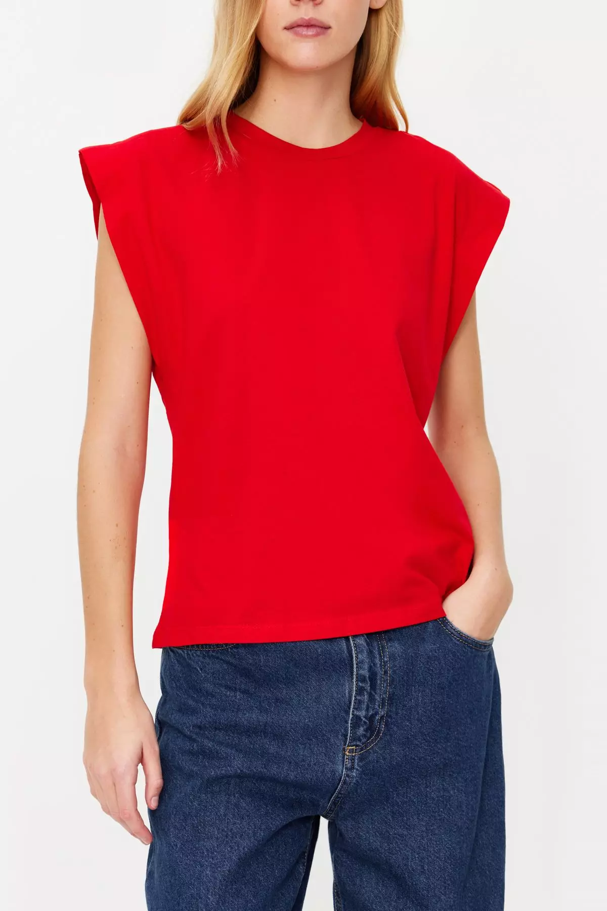 Red Striped Striped Padded Look Basic Crew Neck Knitted T-Shirt