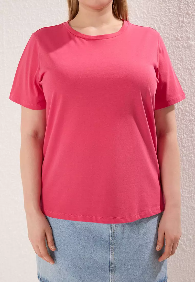 Pale Pink Regular Fit Basic Crew Neck 100% Cotton Knitted Plus Size T-Shirt Tbbss22Ts0733