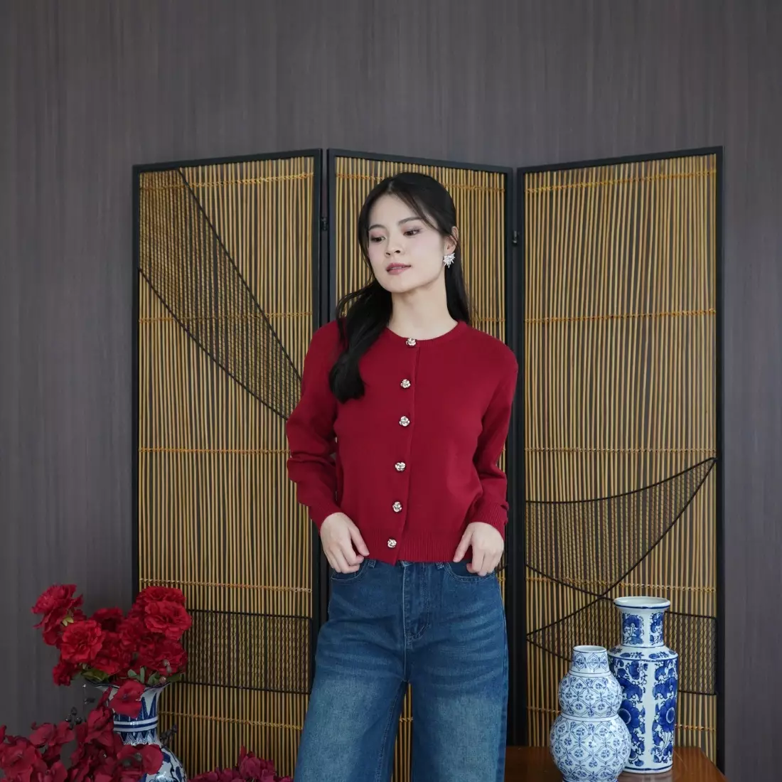 Minji Lunar Knit Cardigan in Red