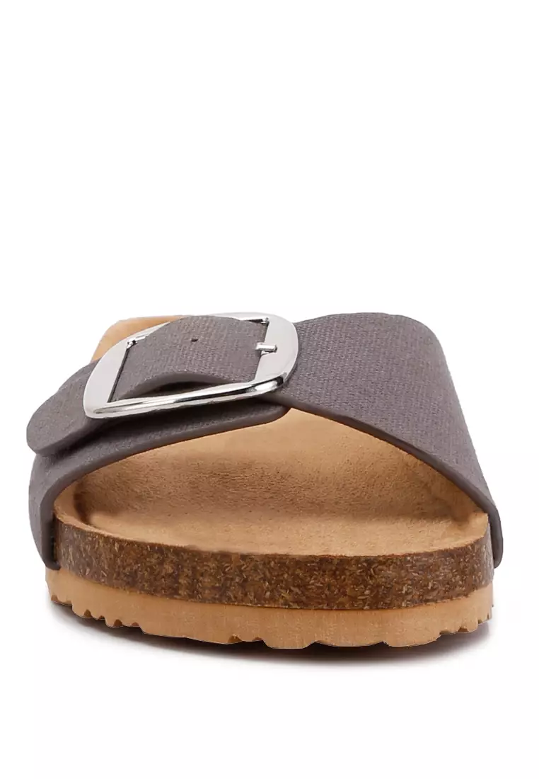 Grey Buckle Strap Slip-On Sandals