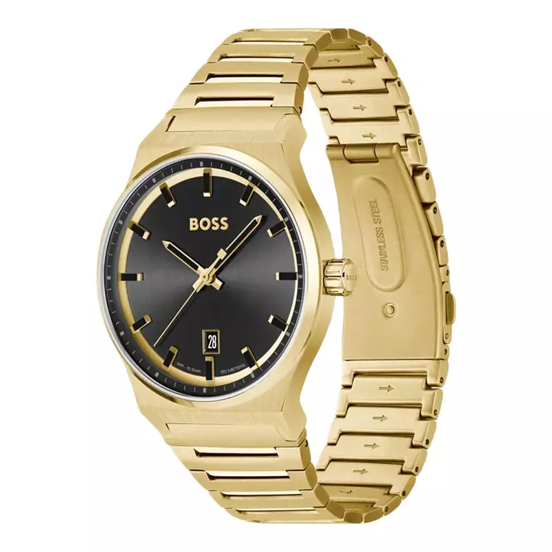 Jam Tangan Pria Hugo Boss Candor 1514077 Men Black Dial Gold Stainless Steel Strap
