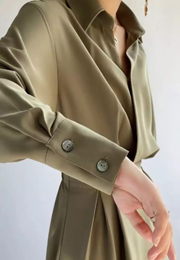 高腰翻領長袖連衣裙XHG-1138-1