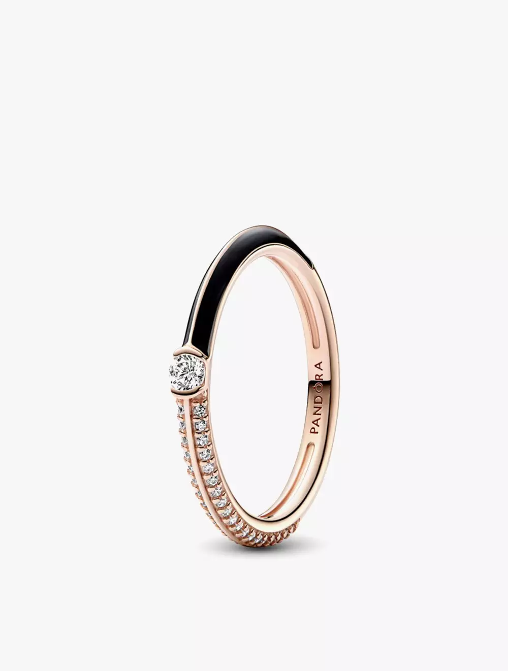 14k Rose gold-plated ring with clear cubic zirconia and black enamel