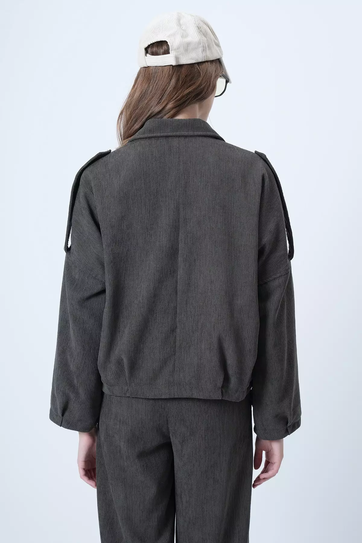 Khaki Shoulder Epaulettes Lined Velvet Bomber Jacket Alc-X14617