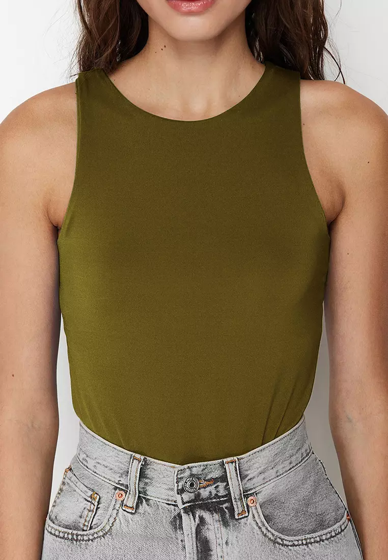 Oil Green Halter Neck Body-Smoothing Flexible Snap-Front Knitted Bodysuit TWOSS20BD0044