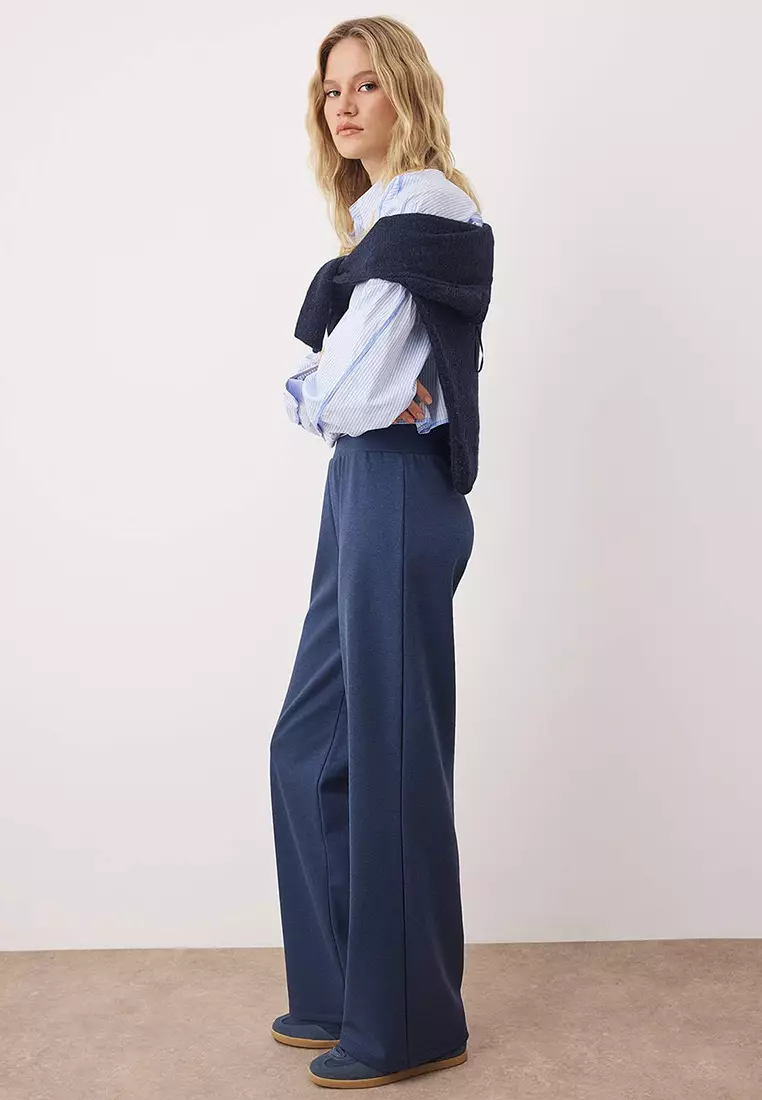 Navy Blue More Sustainable Normal Waist Wide Leg Flexible Knitted Trousers
