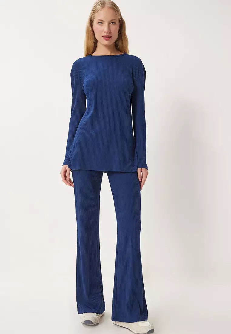 Comfortable Ribbed Knitted Blouse Trousers Set