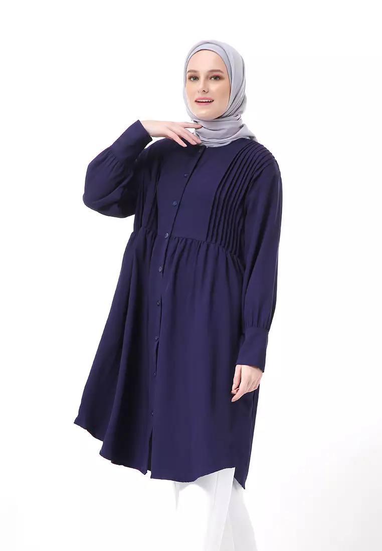 Xaula Tunik Polos Muslimah Atasan Wanita Lengan Panjang Premium High Quality - Navy