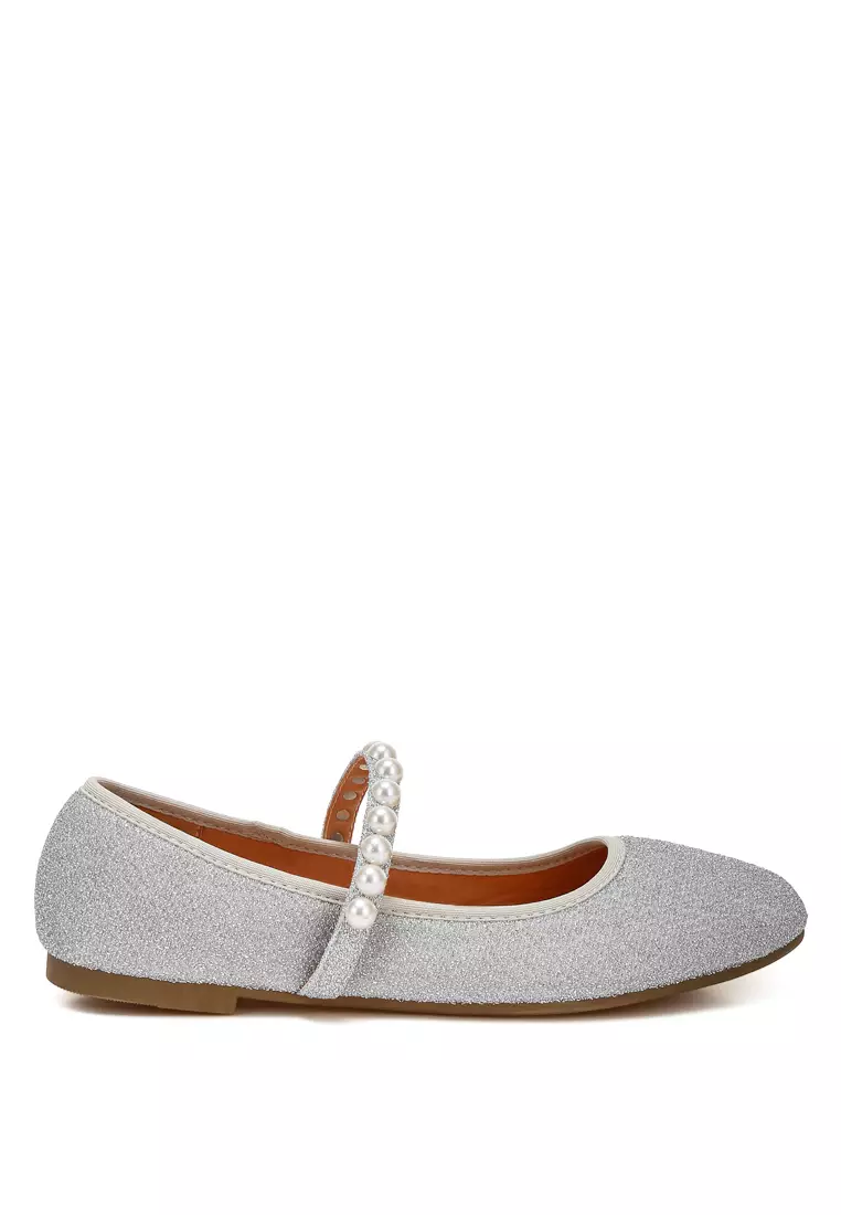 Discount on London Rag  shoes - SKU: Sliver Pearl Strapped Glitter Ballerinas