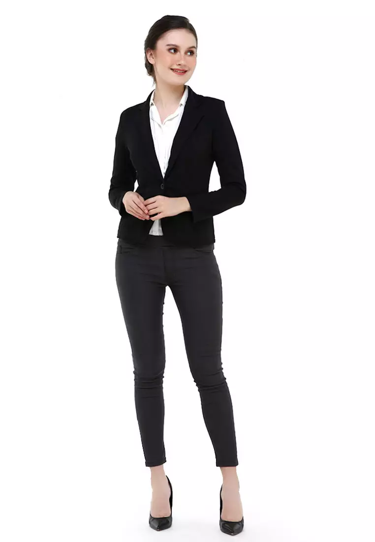 Qemsya Blazer Wanita Slim Fit Plain Suit Formal Longsleeve Material Scuba ORIGINAL - Black