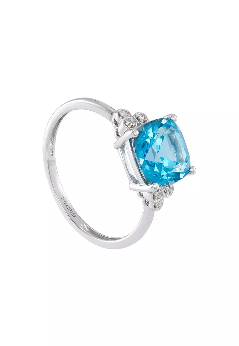 HABIB Cushion Blue Topaz and Round Diamond Ring in 375/9K White Gold 24693(R)
