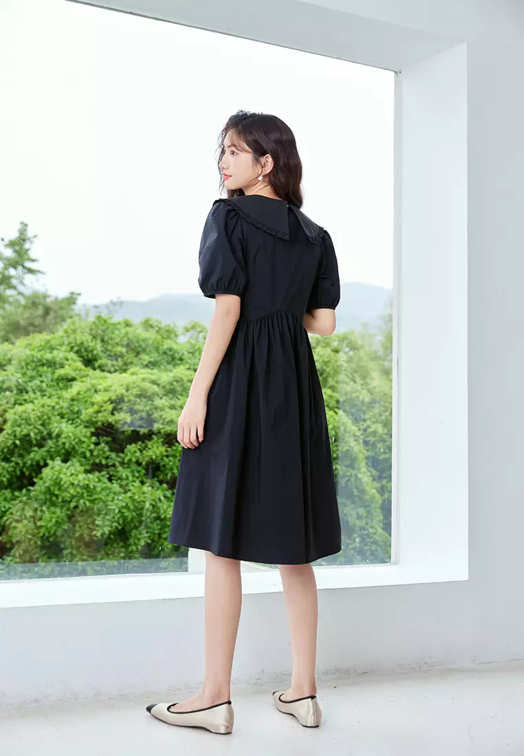 Victorian Ruffle Collar Puff Sleeve Black Dress