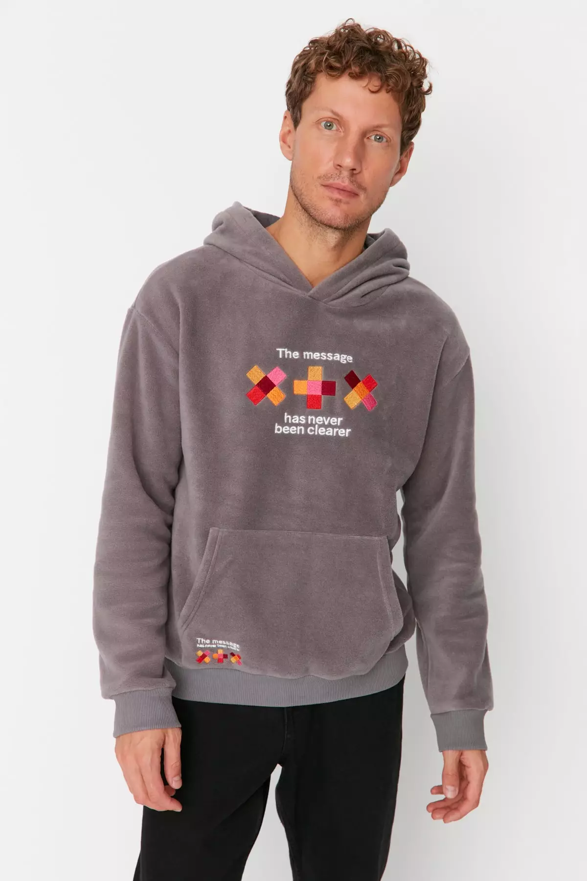 Buy Trendyol Anthracite Men s Relaxed Fit Hooded Embroidery