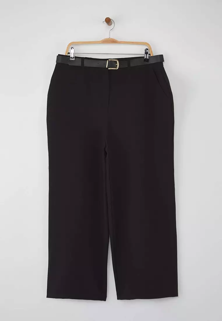 Special Collection Black Wide Leg Premium Belted Plus Size Trousers