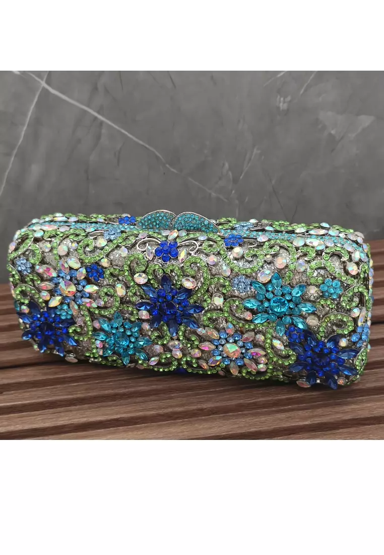Tas Clutch Pesta Wanita Diamante Rectangular Shape Blue & Gold