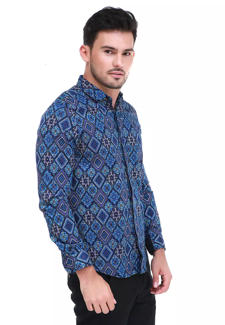 Dwan Kemeja Batik Pria Permata Atasan Formal Longsleeve Shirt Material Cotton ORIGINAL - Blue