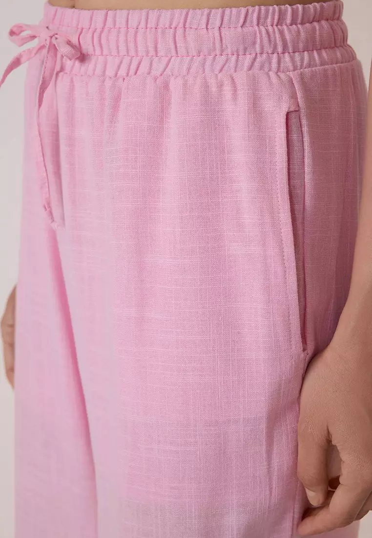 Light Pink Linen Look Wide Leg Shorts Lined Elastic Waist Pants