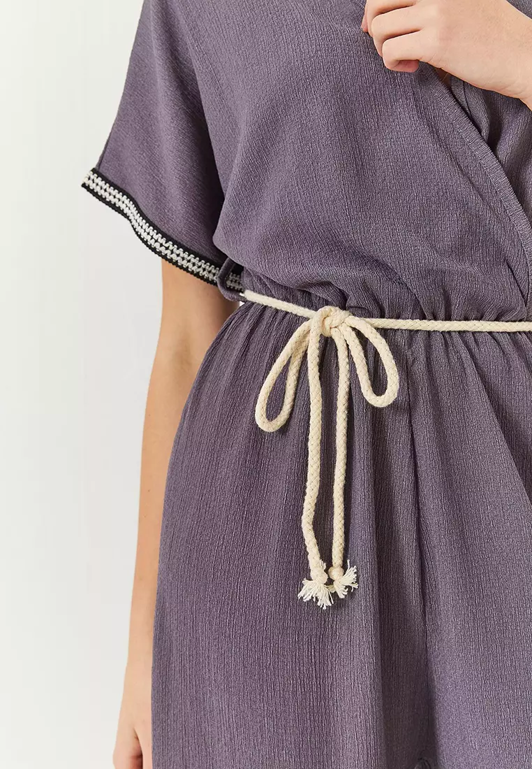 Women's Double Breasted Collar Sleeve Detail Elastic Waist Belted Crinkle Jumpsuit 60261418