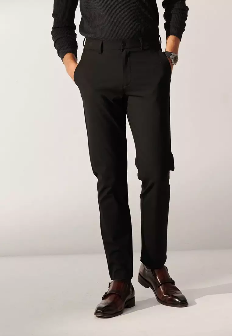 Black Slim-Fit Four-Way Stretch Casual Pants