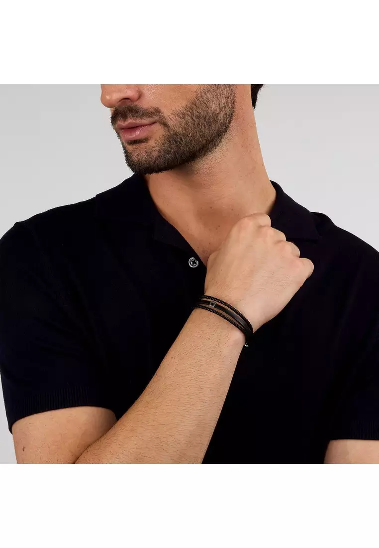 Maserati Leather Bracelet ,Men's Jewels ,Stainless Steel,19+3.5cm, Rose gold plated, Black, JM525AVE32（Adjustable）