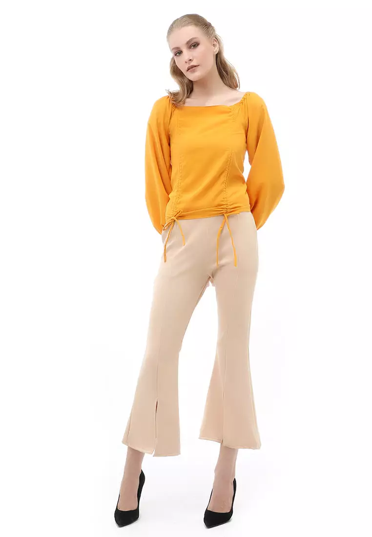 Cheva Blouse Atasan Wanita Sabrina Tali Lengan Panjang Casual Top Long Sleeve Comfortable Material Wolfis ORIGINAL - Mustard