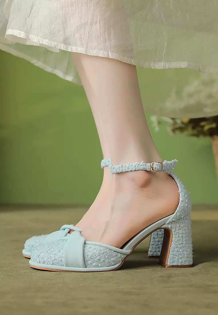 7.5CM Folded Strap Tweed Mary Jane Shoes XJ2568-10