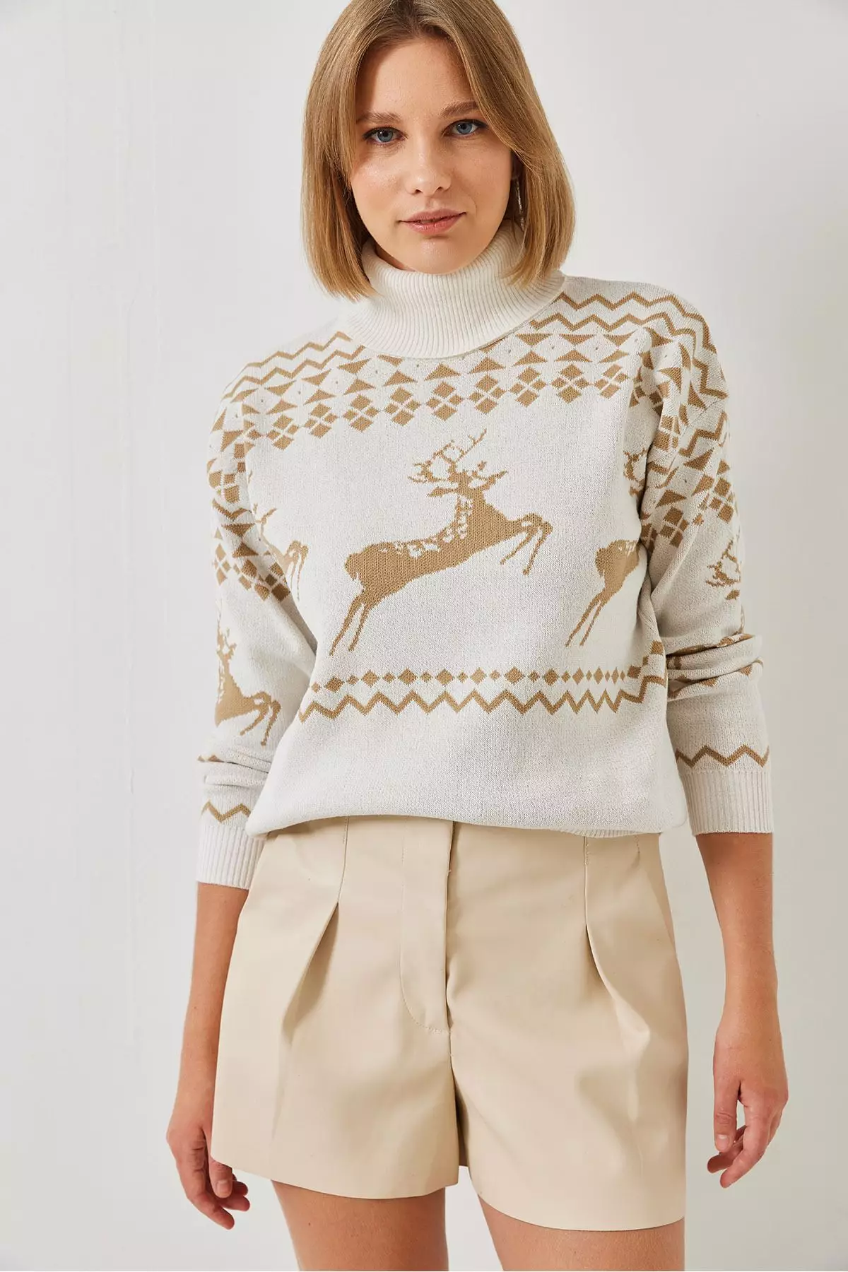 Women's Turtleneck Sweater With Deer Pattern 20246224