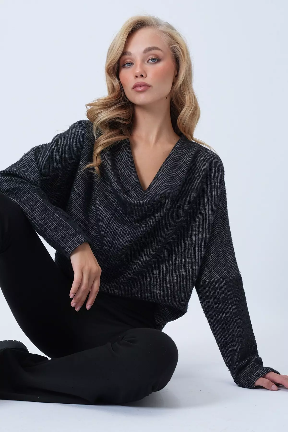 Women's Anthracite Cowl Collar Wide Cut Knitted Blouse Alc-X13126