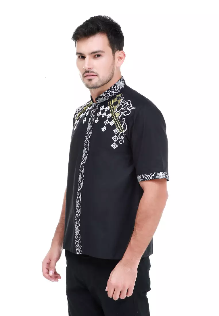Dwan Kemeja Batik Pria Classy Atasan Formal Shortsleeve Shirt Material Cotton ORIGINAL - Black