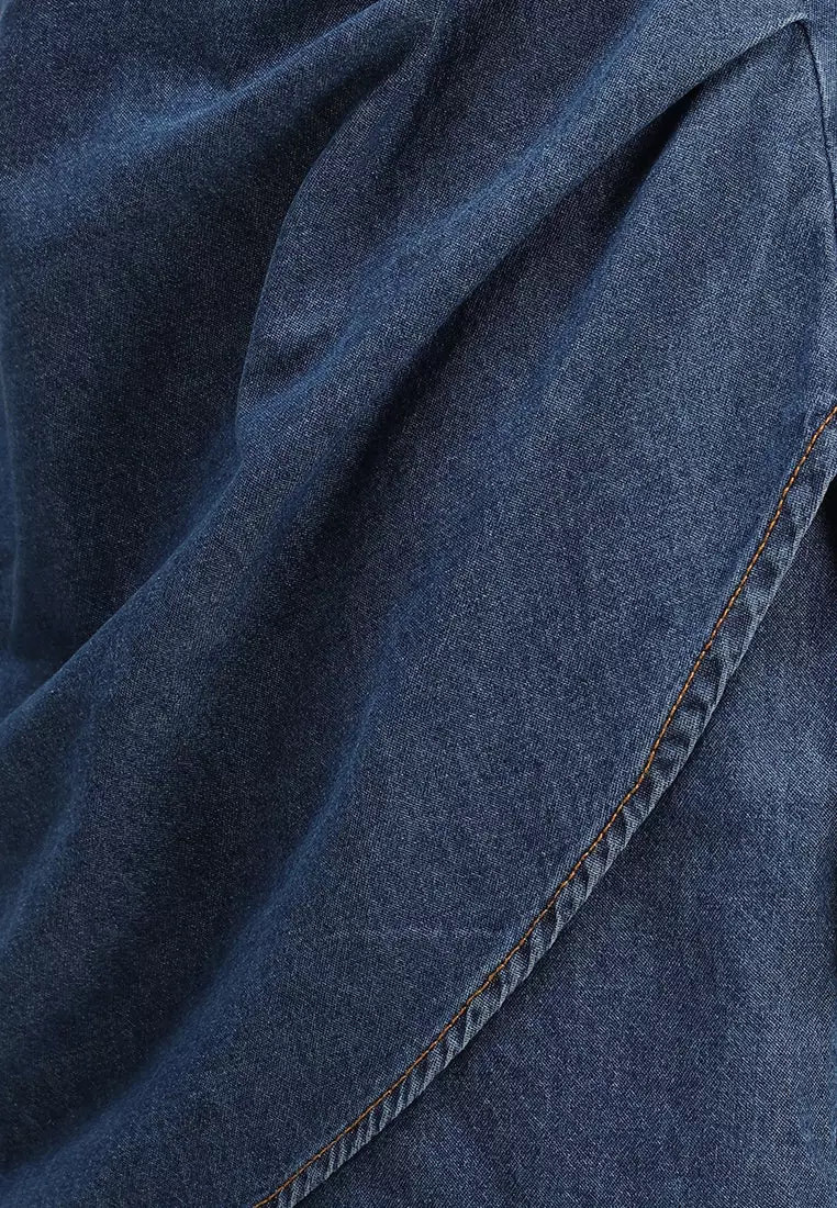 VIRGIO 100% Cotton Denim Pleated Mini Dress