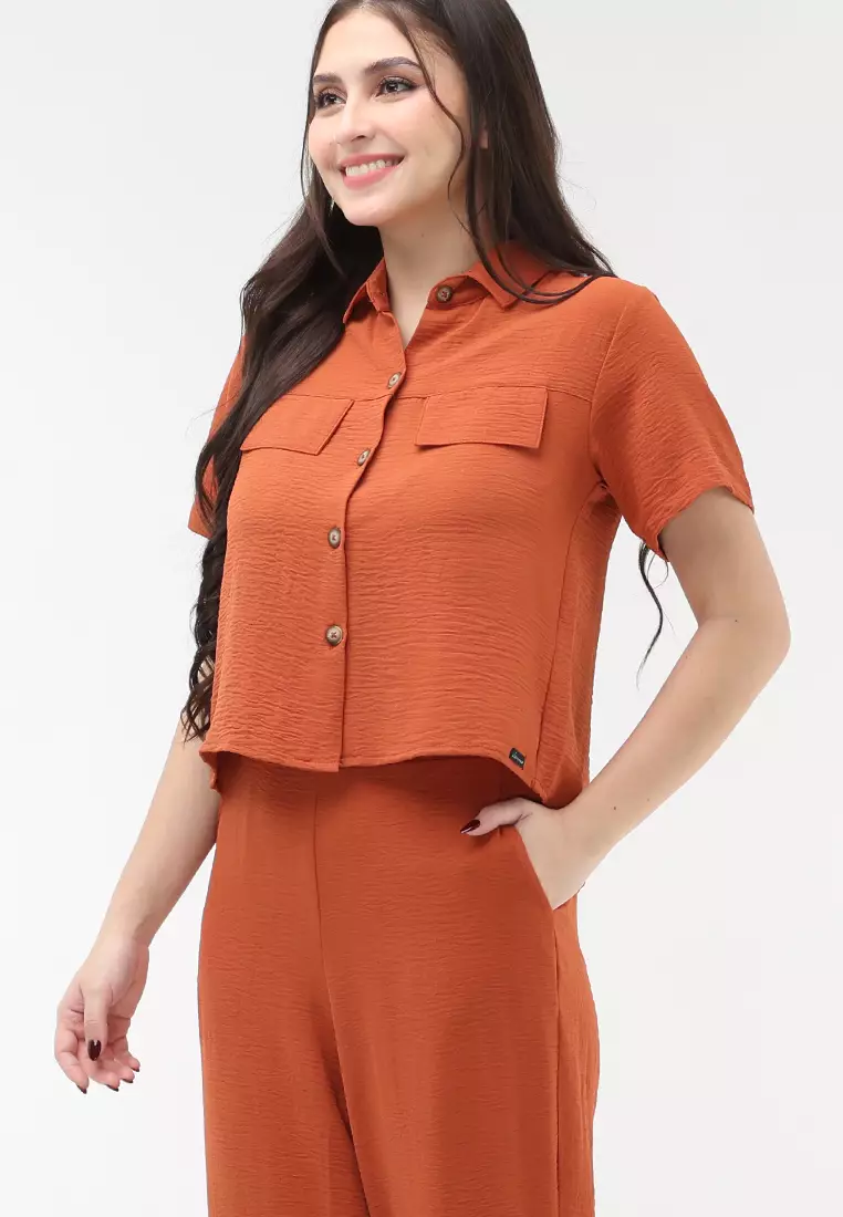 Wrinkled Thick Woven Short Sleeves Terno Pants